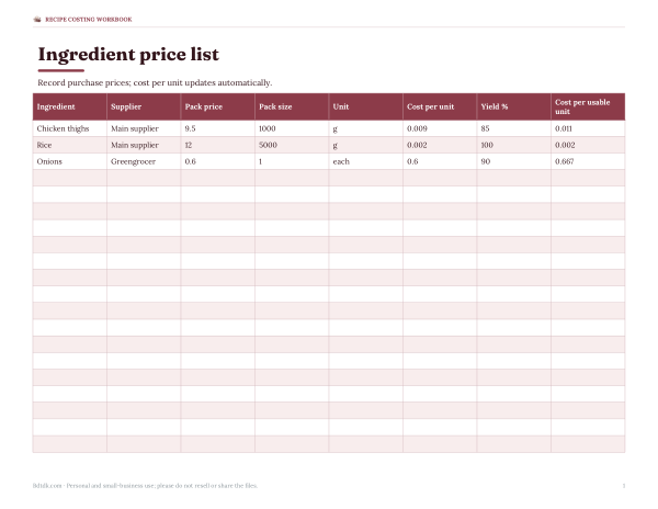 Preview of Printable Ingredient Price List