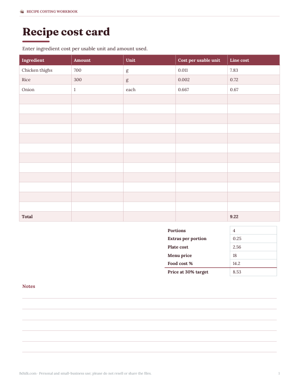 Preview of Printable Recipe Cost Card